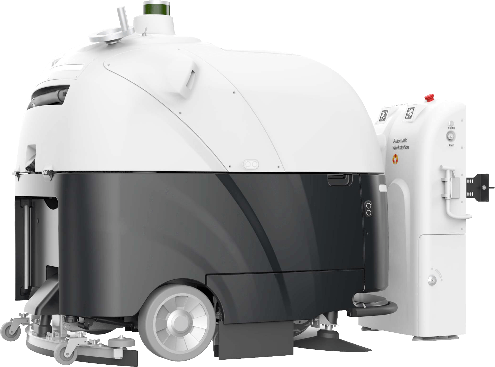 FloorBot Quad 1100 at the workstation, featuring processes such as refilling, drainage, and emptying, exemplifying operational efficiency.