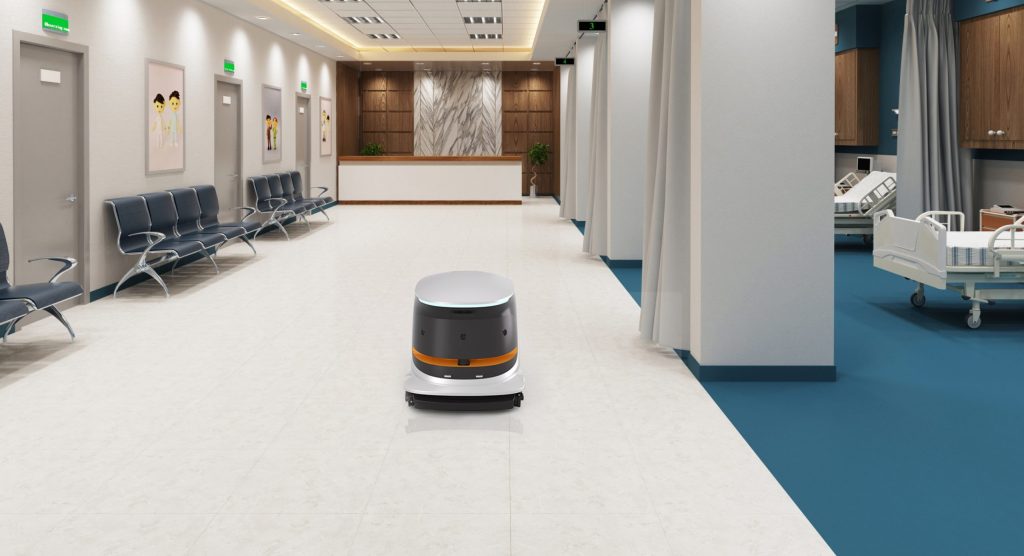 FloorBot VRS 55 Enduro navigating a hospital corridor with real-time path planning