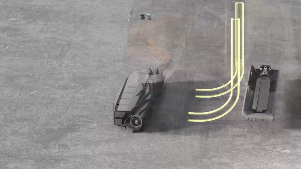 FloorBot VRS 55 in sweep and vacuum mode showing brush and suction system for efficient debris collection