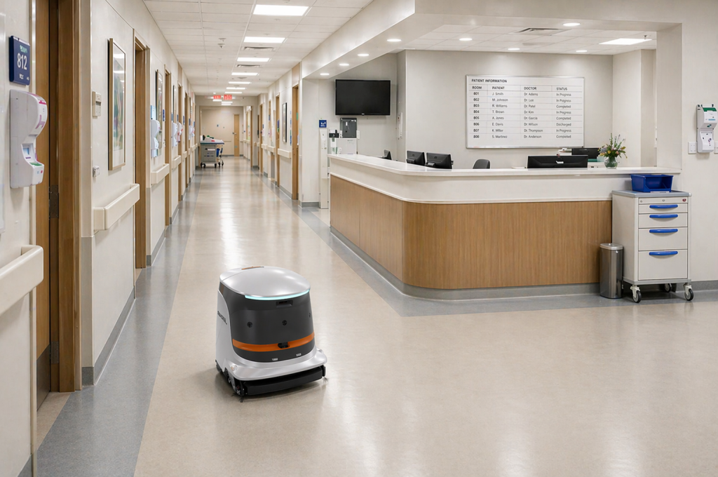 Bright modern hospital corridor with glossy floor reflecting overhead lighting