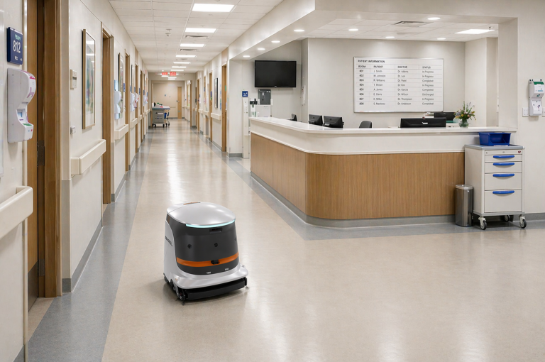 FloorBotics VRS-55 Enduro autonomous cleaning robot operating in a hospital corridor beside a nurse station