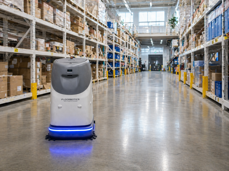 Autonomous floor-cleaning robot in a modern environment