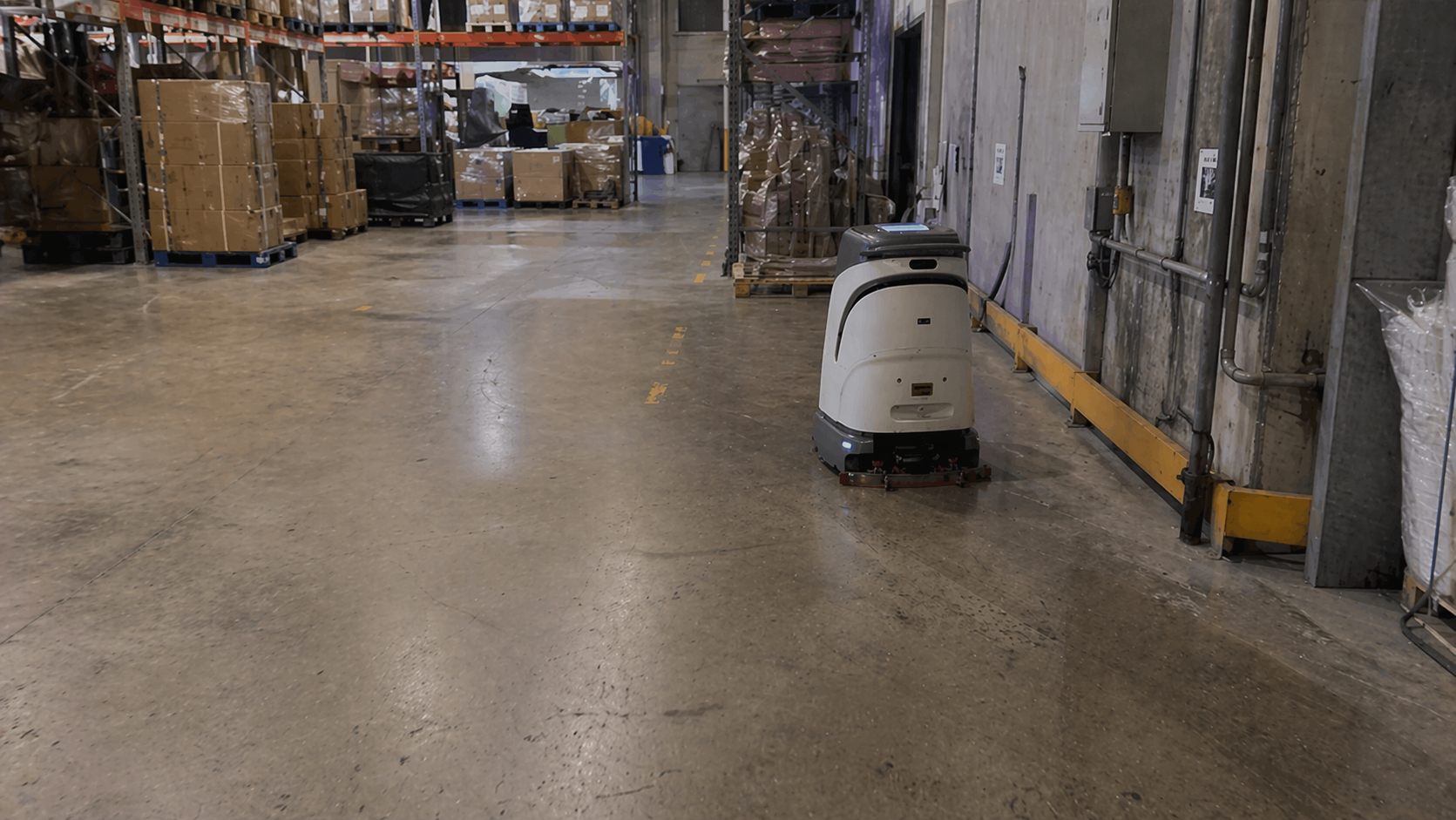 Warehouse floor-cleaning robot