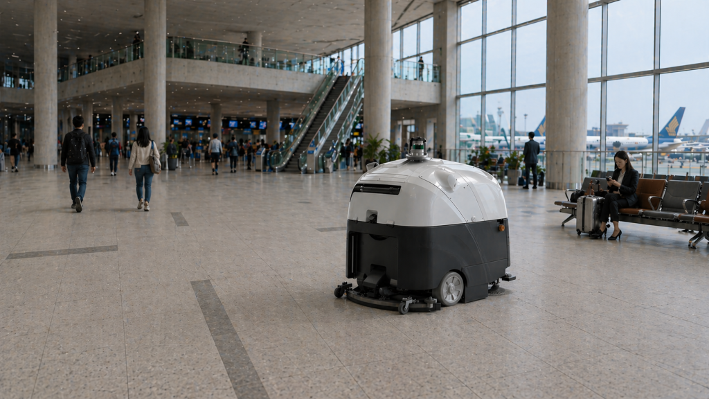 Modern airport terminal concourse with polished floors and travellers