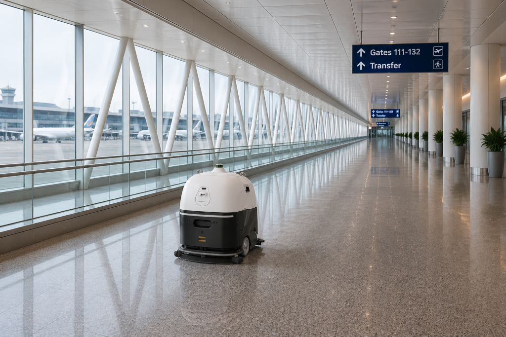 Quad 1100 industrial robot cleaner operating in a long airport terminal corridor with polished floors and wide open walkway for automated cleaning.