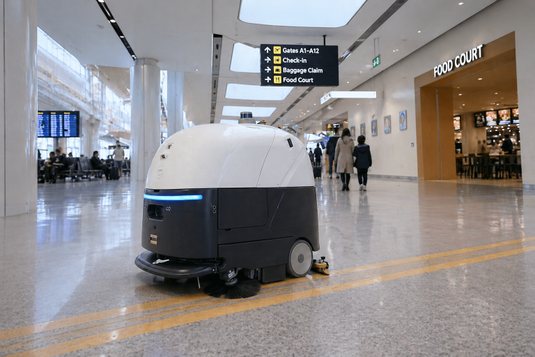 Large capacity industrial robot vacuum and scrubber cleaning airport terminal floors, autonomous cleaning solution for high traffic transport hubs