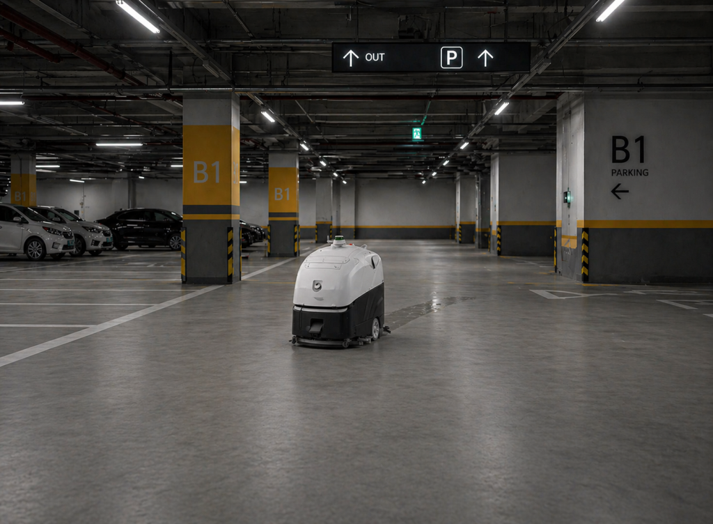 Quad 1100 industrial robot cleaner operating in an underground car park, leaving a narrow cleaning trail behind on a concrete floor in a shopping underground car park
