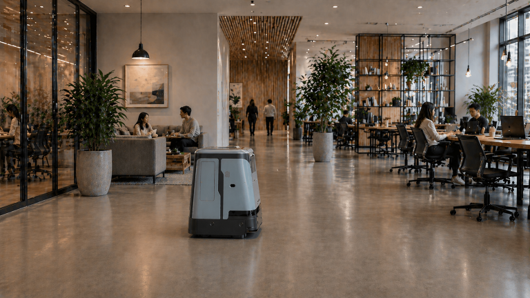 Quad 500 industrial robot cleaner operating in a modern coworking space, cleaning open office floor areas with people working in the background