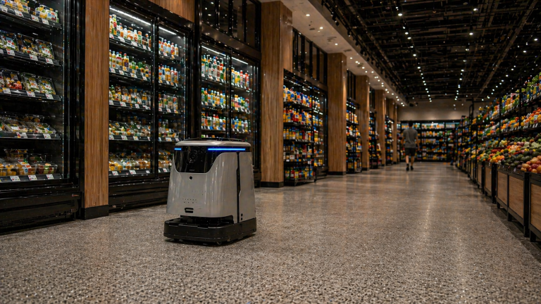 Quad 500 robot cleaning machine operating in a modern Australian supermarket aisle with refrigerated displays, grocery shelving and low-reflection polished flooring in a realistic retail environment.