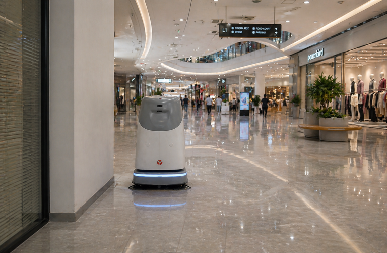 A realistic autonomous Quad 800 industrial robot cleaner operating in a shopping mall corridor, maintaining clean floors with consistent navigation and efficient commercial cleaning performance in a high-traffic retail environment.
