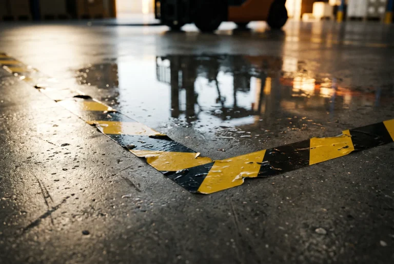 Warehouse floor with hazard tape and reflective wet surface