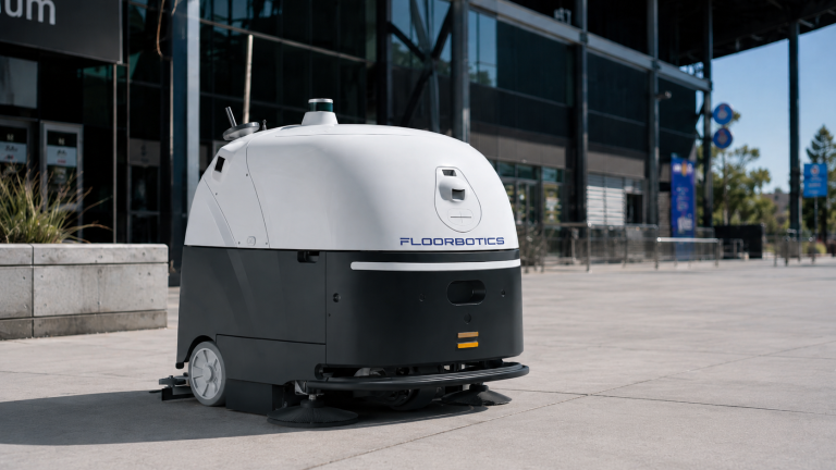 Quad 1100 autonomous outdoor floor cleaning robot operating on a modern plaza outside a commercial building with paved pedestrian surfaces.
