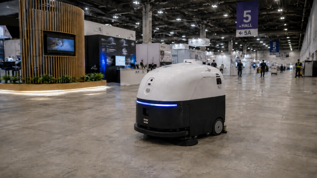 Quad 1100 autonomous industrial robot cleaner cleaning a large exhibition hall floor
