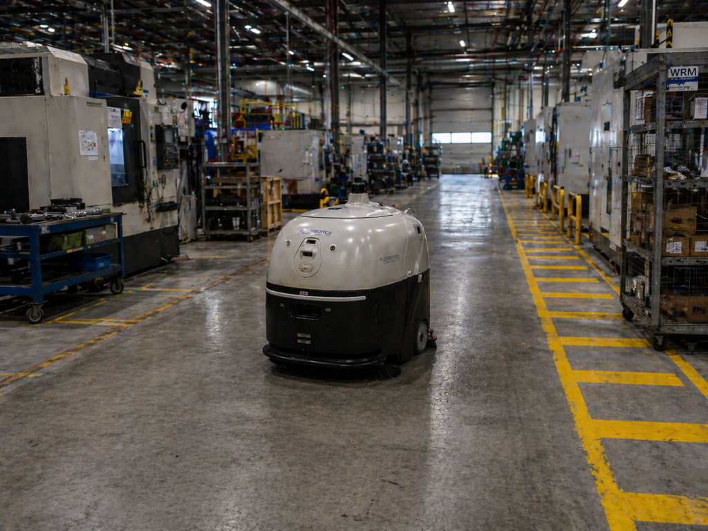 Quad 1100 industrial robot cleaner operating on a manufacturing facility floor, supporting autonomous cleaning across production areas, walkways and factory zones.
