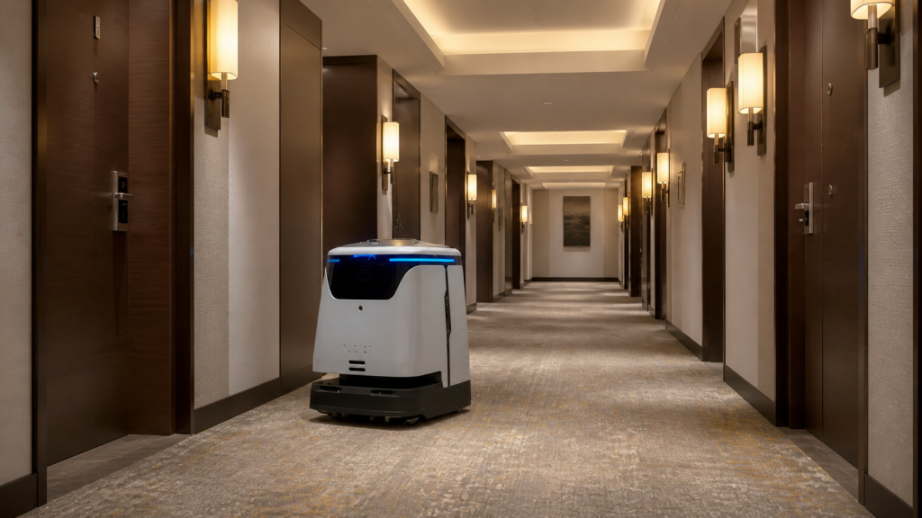 Quad 500 robotic floor cleaner operating in a hotel corridor between guest room doors.