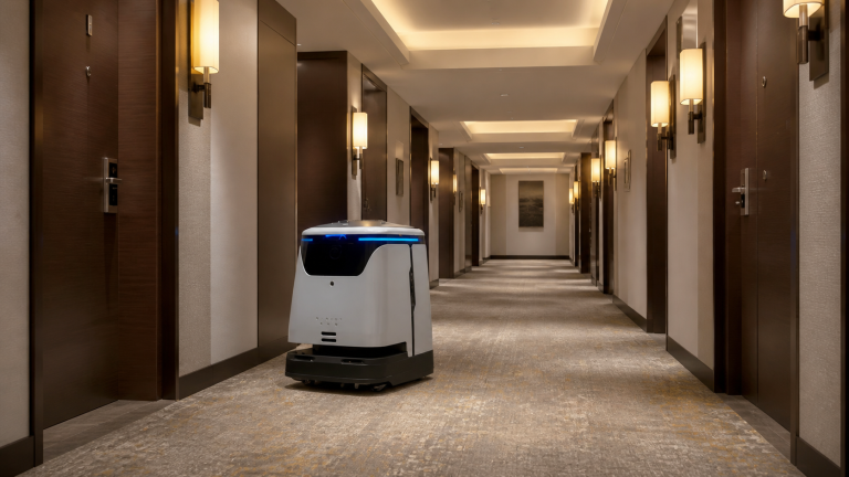 Quad 500 robotic floor cleaner operating in a hotel corridor between guest room doors.