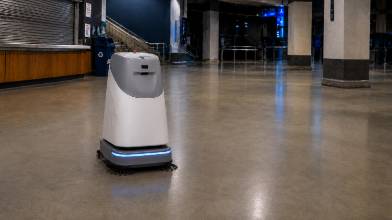 FloorBotics autonomous floor cleaning robot operating across a public venue concourse after an event
