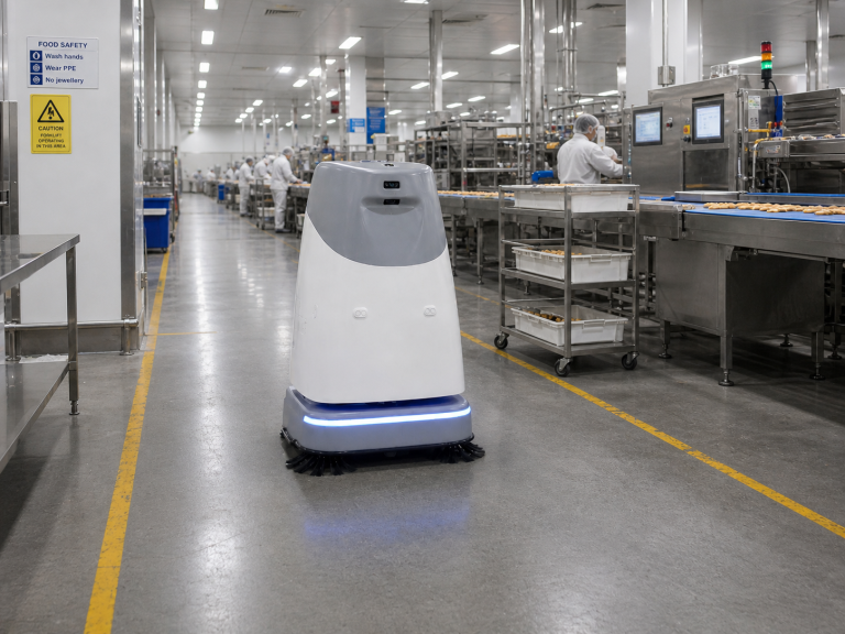 FloorBotics Quad 800 scrubbing a polished concrete production hall