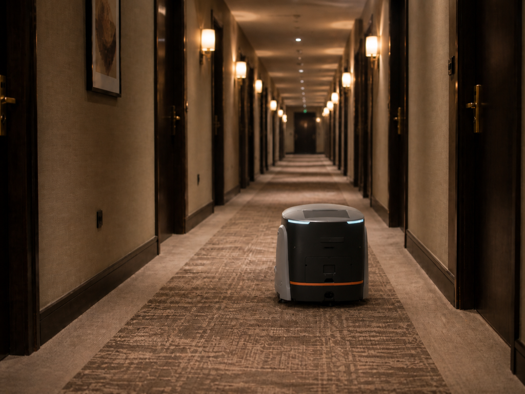 VRS 55 Enduro robotic floor cleaner operating in a quiet hotel corridor between guest room doors.