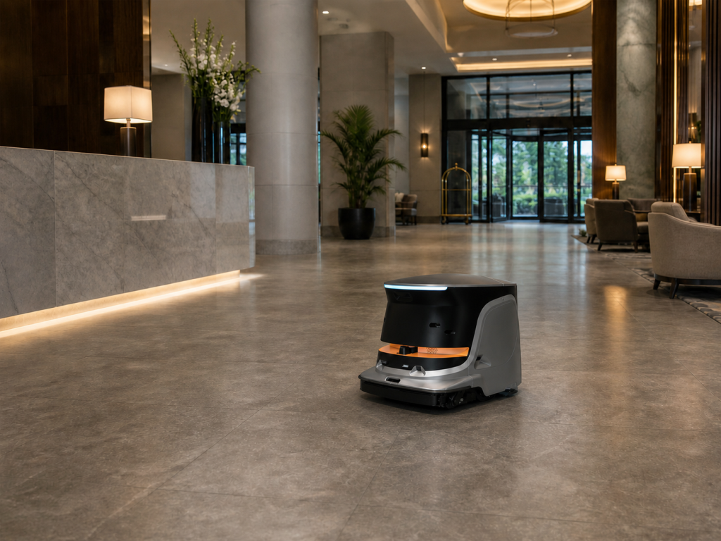 VRS 55 Enduro robotic floor cleaner operating on tiled flooring in a modern hotel lobby.